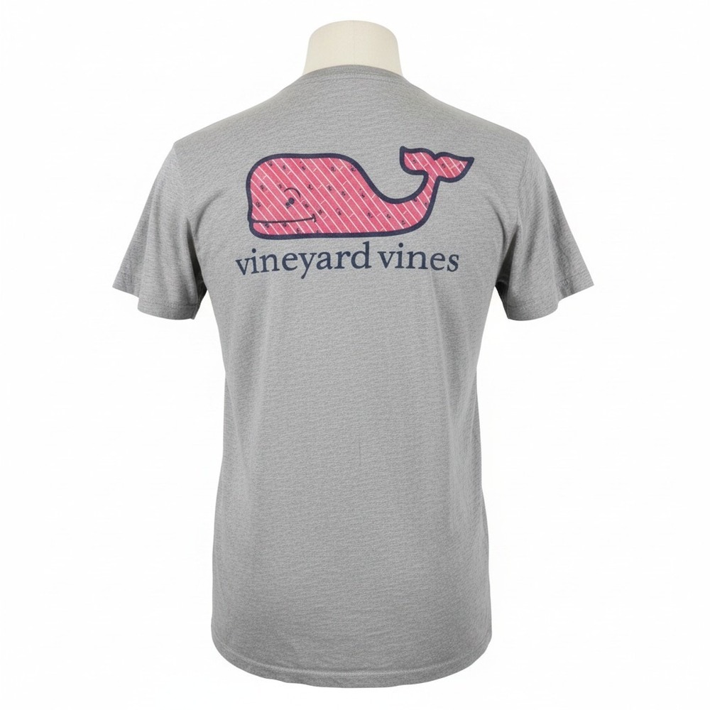 Vineyard Vines Mens XL Heather Gray Striped Whale Graphic Pocket Tee Preppy